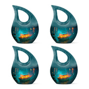 Tropical Teal Boat Cremation Urn lifestyle display on memorial shelf - devotional cross-drop boat engraving - 10 inch aluminum urn for cremated remains