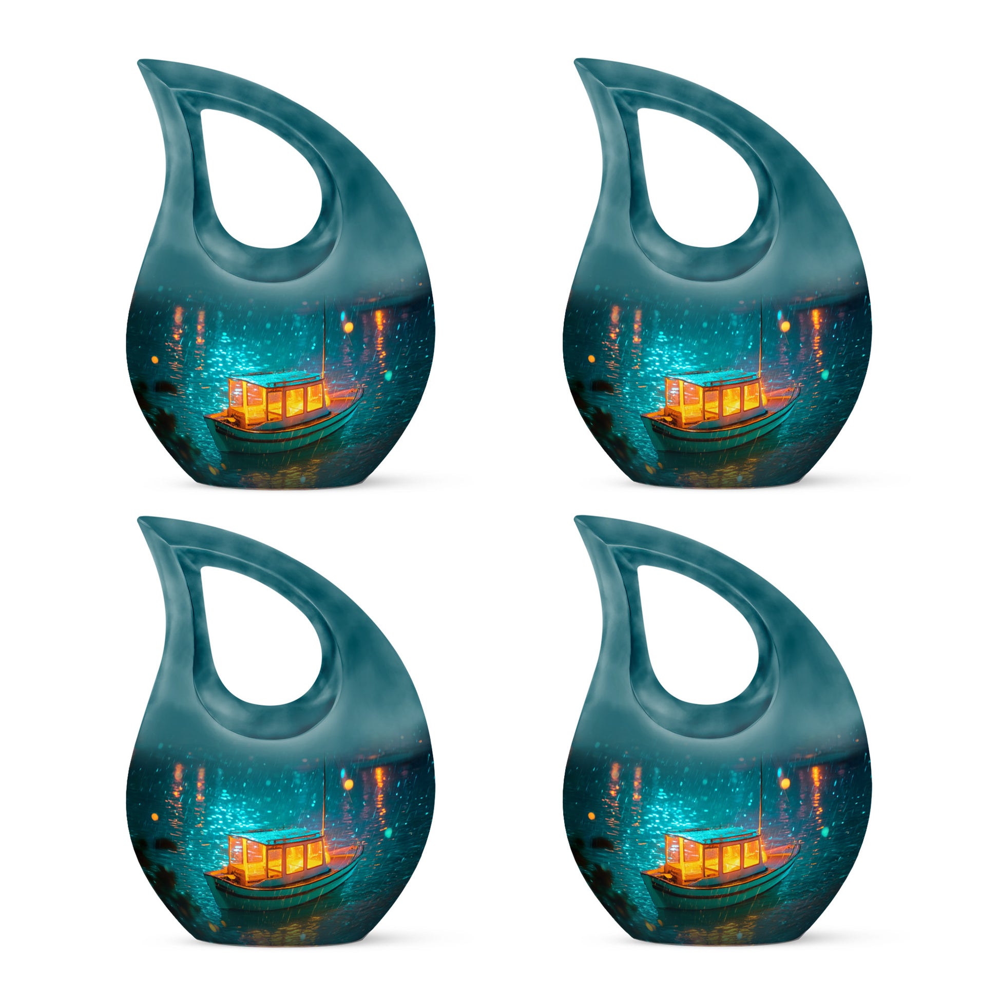 Tropical Teal Boat Cremation Urn lifestyle display on memorial shelf - devotional cross-drop boat engraving - 10 inch aluminum urn for cremated remains