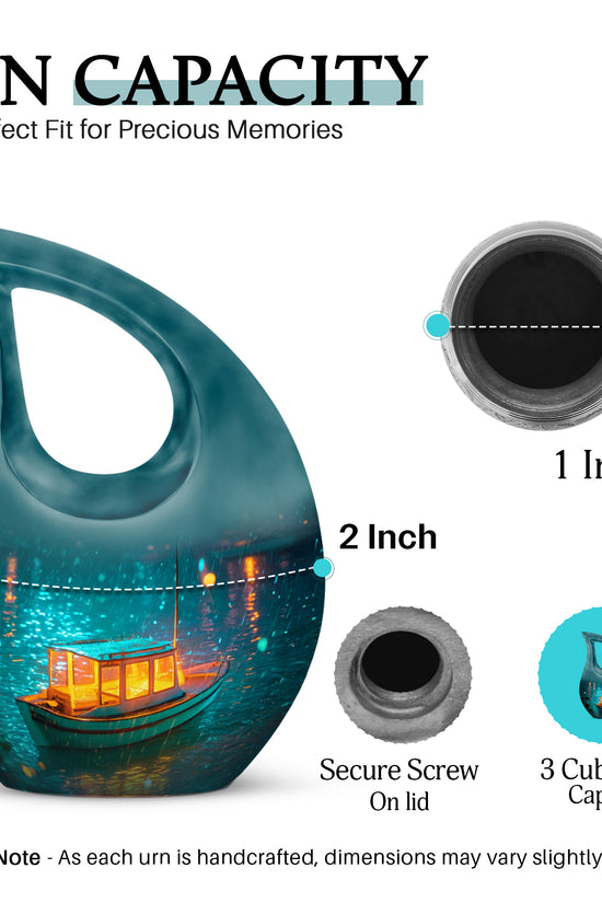 Mystic Teal Boat Cremation Urn back view with polished surface - faith-inspired cross-drop urn with boat pattern - mini keepsake memorial for portion of cremation ashes
