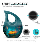 Mystic Teal Boat Cremation Urn back view with polished surface - faith-inspired cross-drop urn with boat pattern - mini keepsake memorial for portion of cremation ashes