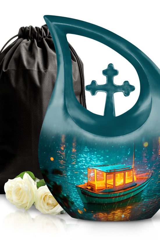 Cool Teal Boat Cremation Urn top-down view of secure threaded lid - cross and boat combined in spiritual memorial design - full-size 10 inch 200 cubic inch adult cremation urn