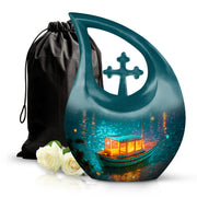 Cool Teal Boat Cremation Urn top-down view of secure threaded lid - cross and boat combined in spiritual memorial design - full-size 10 inch 200 cubic inch adult cremation urn