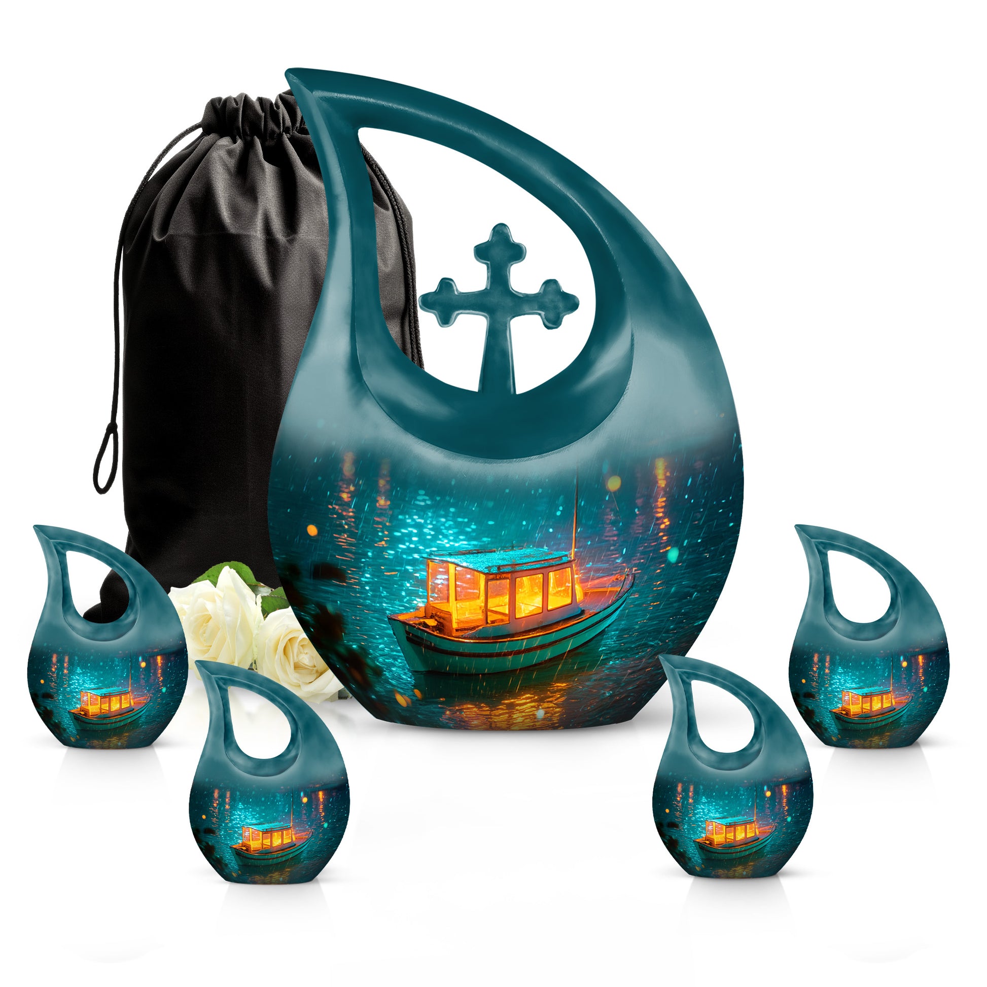 Ocean Teal Boat Cremation Urn urn with complimentary velvet bag - sacred cross merged with boat motif on metal - memorial set with one large and four small urns