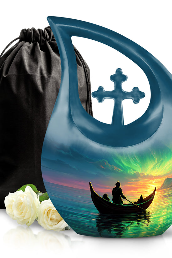Vivid Blue Boat Cremation Urn top-down view of secure threaded lid - faith-inspired cross-drop urn with boat pattern - full-size 10 inch 200 cubic inch adult cremation urn