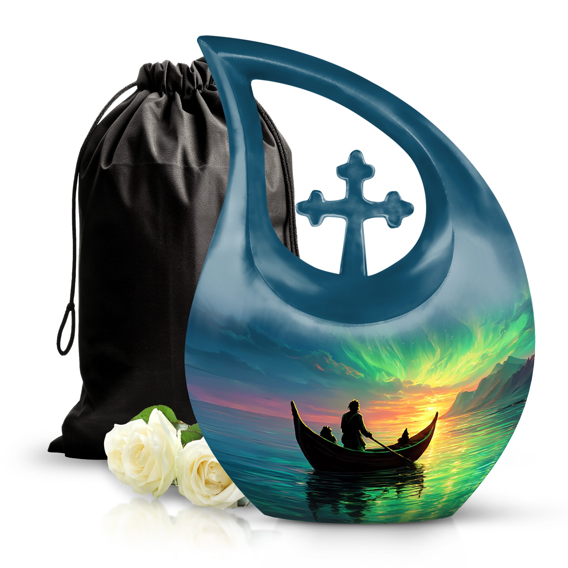 Vivid Blue Boat Cremation Urn top-down view of secure threaded lid - faith-inspired cross-drop urn with boat pattern - full-size 10 inch 200 cubic inch adult cremation urn