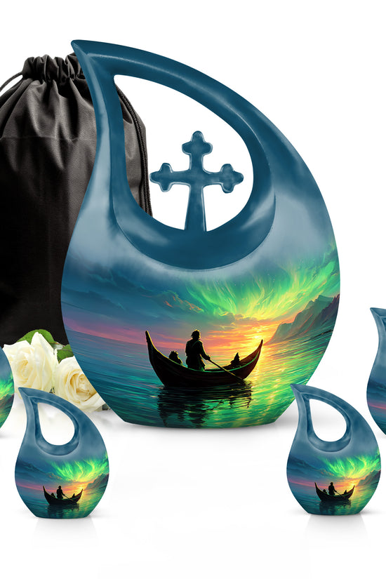 Pastel Blue Boat Cremation Urn urn with complimentary velvet bag - cross and boat combined in spiritual memorial design - memorial set with one large and four small urns