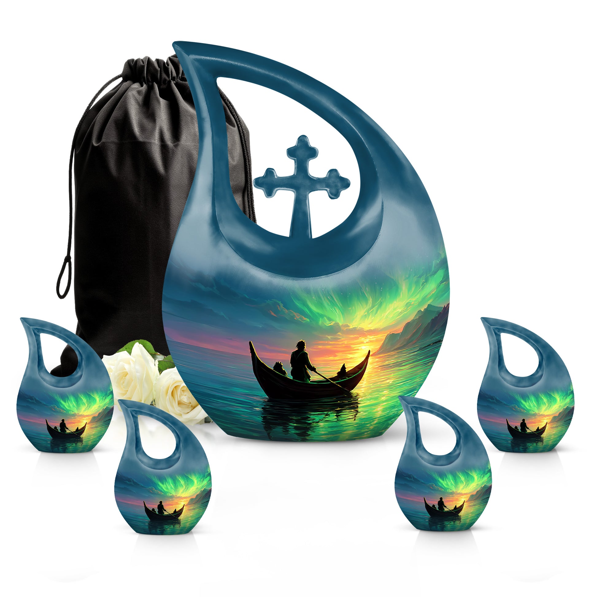 Pastel Blue Boat Cremation Urn urn with complimentary velvet bag - cross and boat combined in spiritual memorial design - memorial set with one large and four small urns