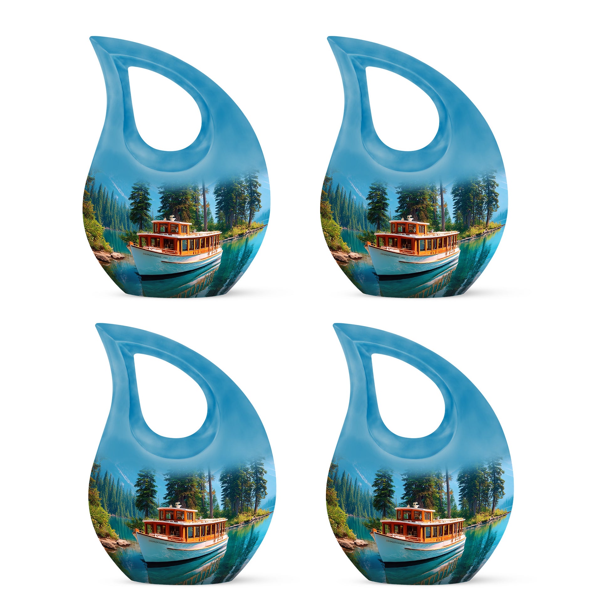 Slate Blue Boat Cremation Urn lifestyle display on memorial shelf - cross and boat combined in spiritual memorial design - 10 inch aluminum urn for cremated remains