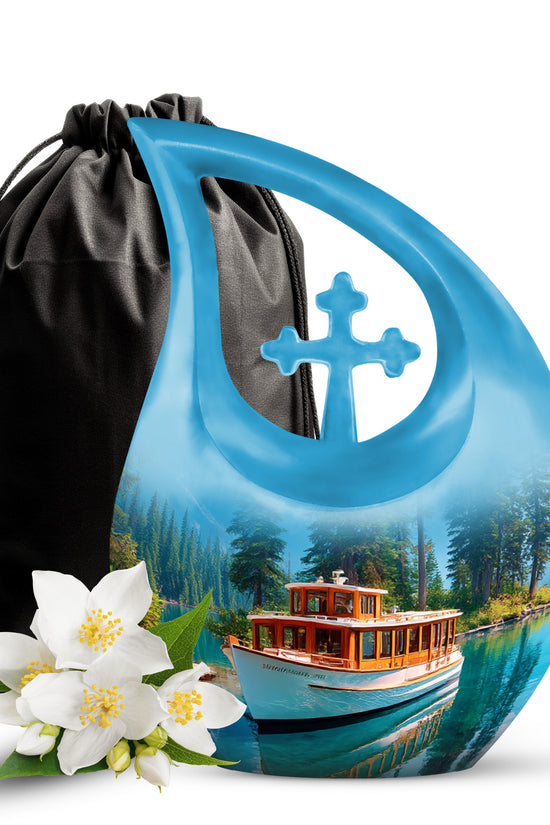 Vivid Blue Boat Cremation Urn top-down view of secure threaded lid - devotional cross-drop boat engraving - full-size 10 inch 200 cubic inch adult cremation urn