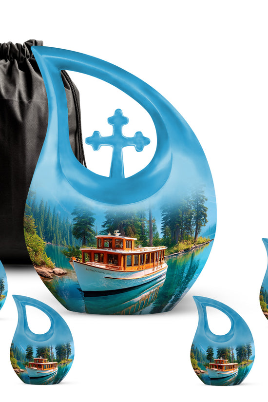 Soft Blue Boat Cremation Urn urn with complimentary velvet bag - devotional cross-drop boat engraving - memorial set with one large and four small urns
