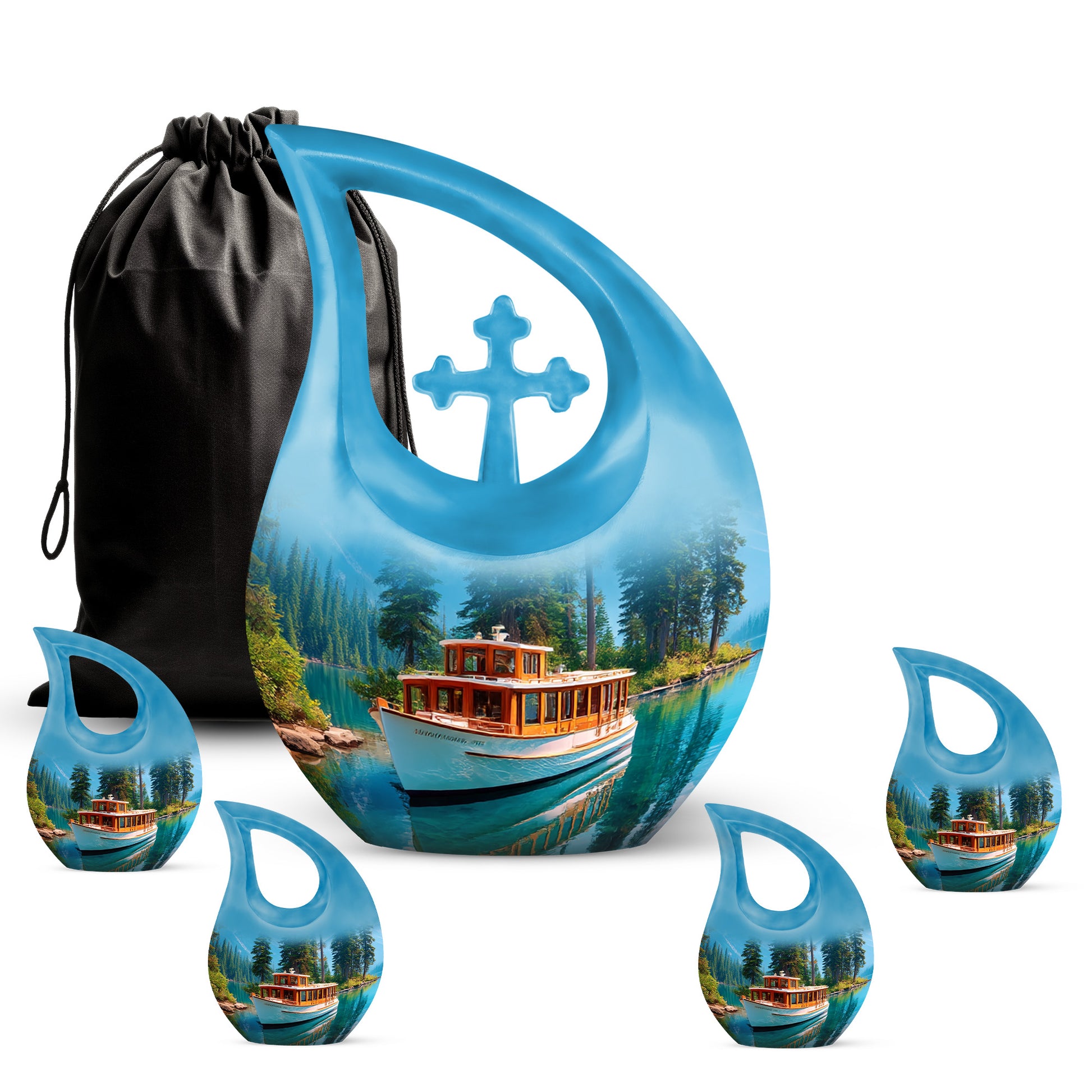 Soft Blue Boat Cremation Urn urn with complimentary velvet bag - devotional cross-drop boat engraving - memorial set with one large and four small urns