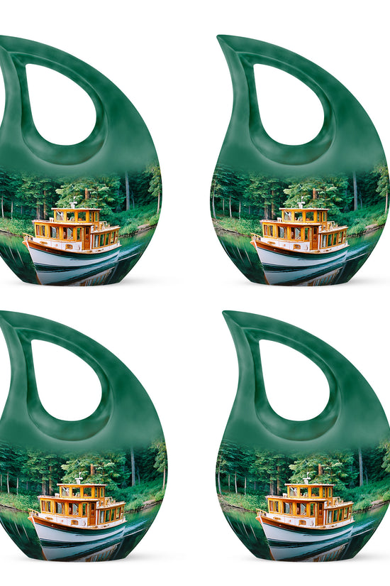 Soft Teal Boat Cremation Urn lifestyle display on memorial shelf - cross and boat combined in spiritual memorial design - 10 inch aluminum urn for cremated remains