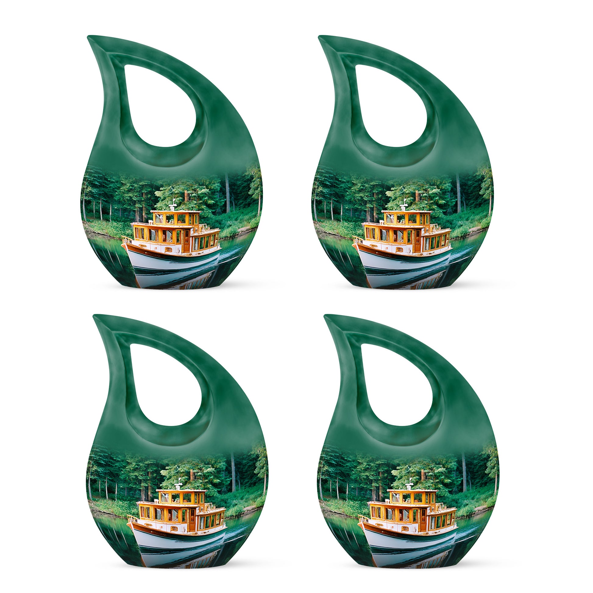 Soft Teal Boat Cremation Urn lifestyle display on memorial shelf - cross and boat combined in spiritual memorial design - 10 inch aluminum urn for cremated remains