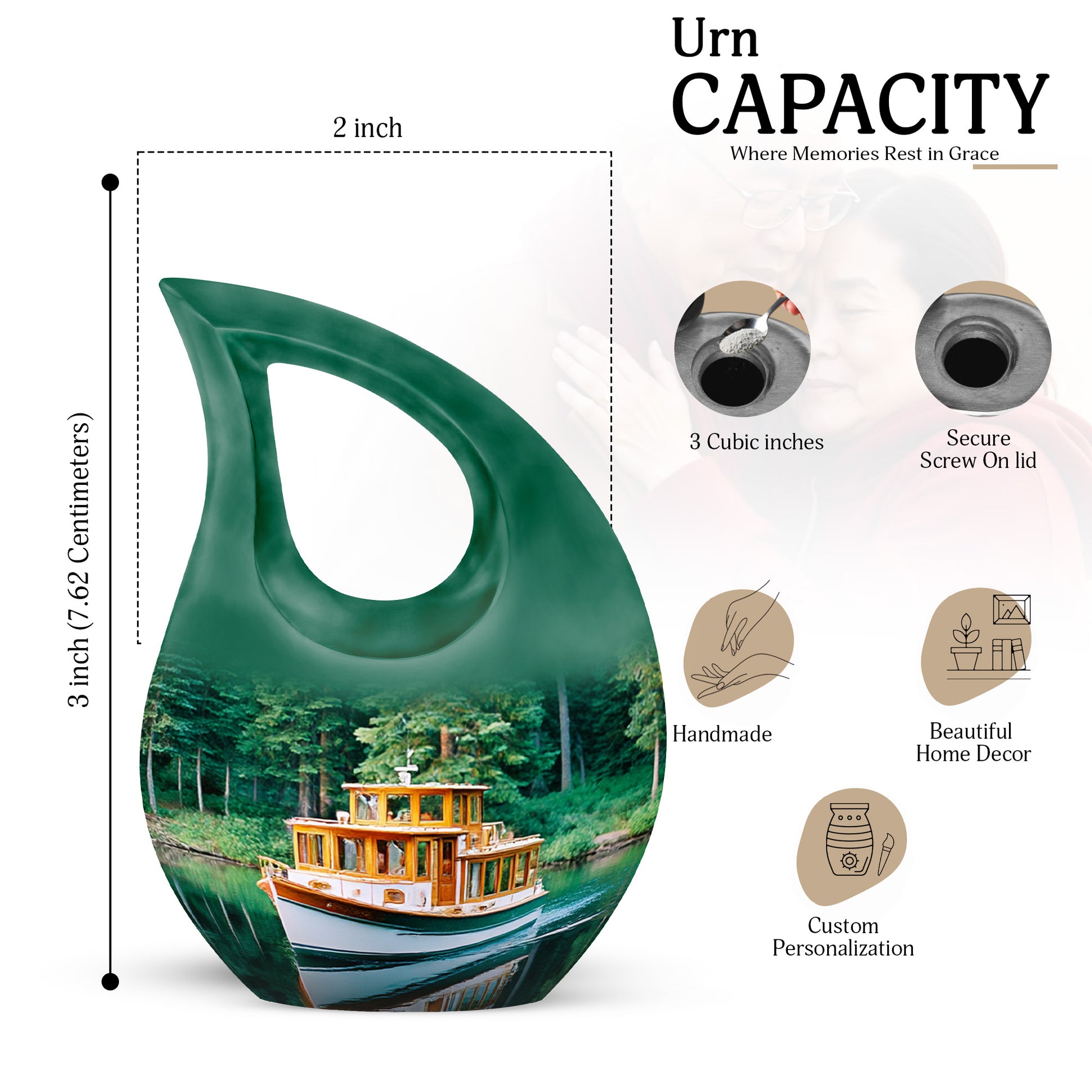 Aqua Teal Boat Cremation Urn back view with polished surface - devotional cross-drop boat engraving - mini keepsake memorial for portion of cremation ashes