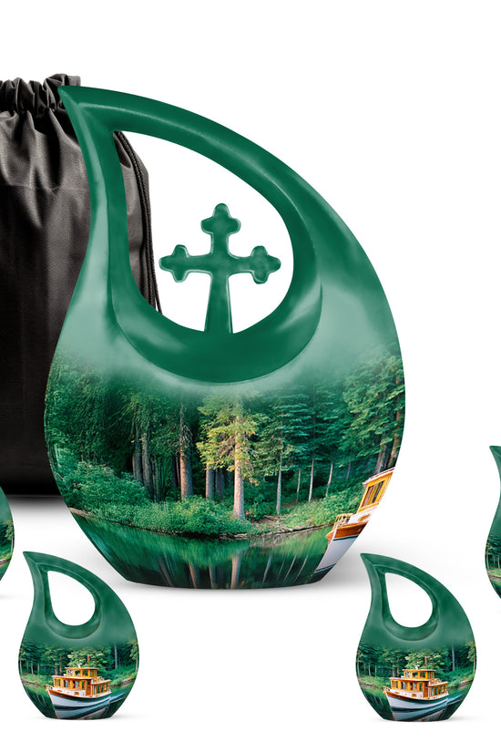 Ocean Teal Boat Cremation Urn urn with complimentary velvet bag - cross and boat combined in spiritual memorial design - memorial set with one large and four small urns