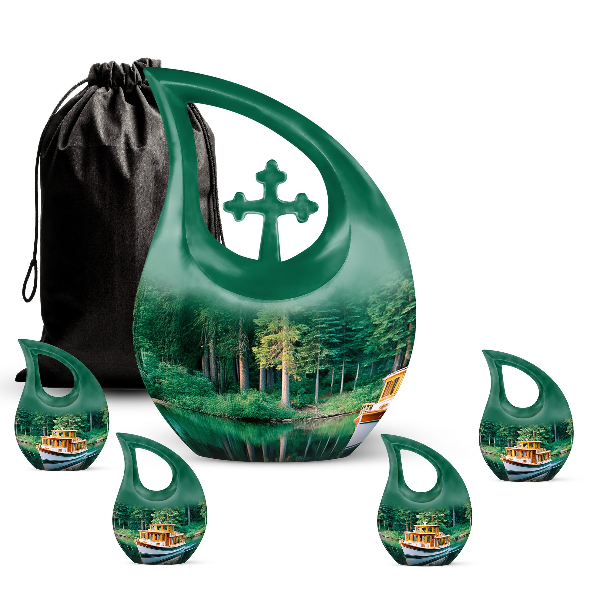 Ocean Teal Boat Cremation Urn urn with complimentary velvet bag - cross and boat combined in spiritual memorial design - memorial set with one large and four small urns