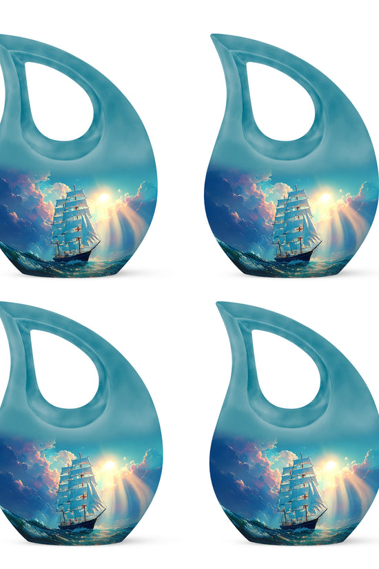 Vivid Teal Boat Cremation Urn lifestyle display on memorial shelf - faith-inspired cross-drop urn with boat pattern - 10 inch aluminum urn for cremated remains