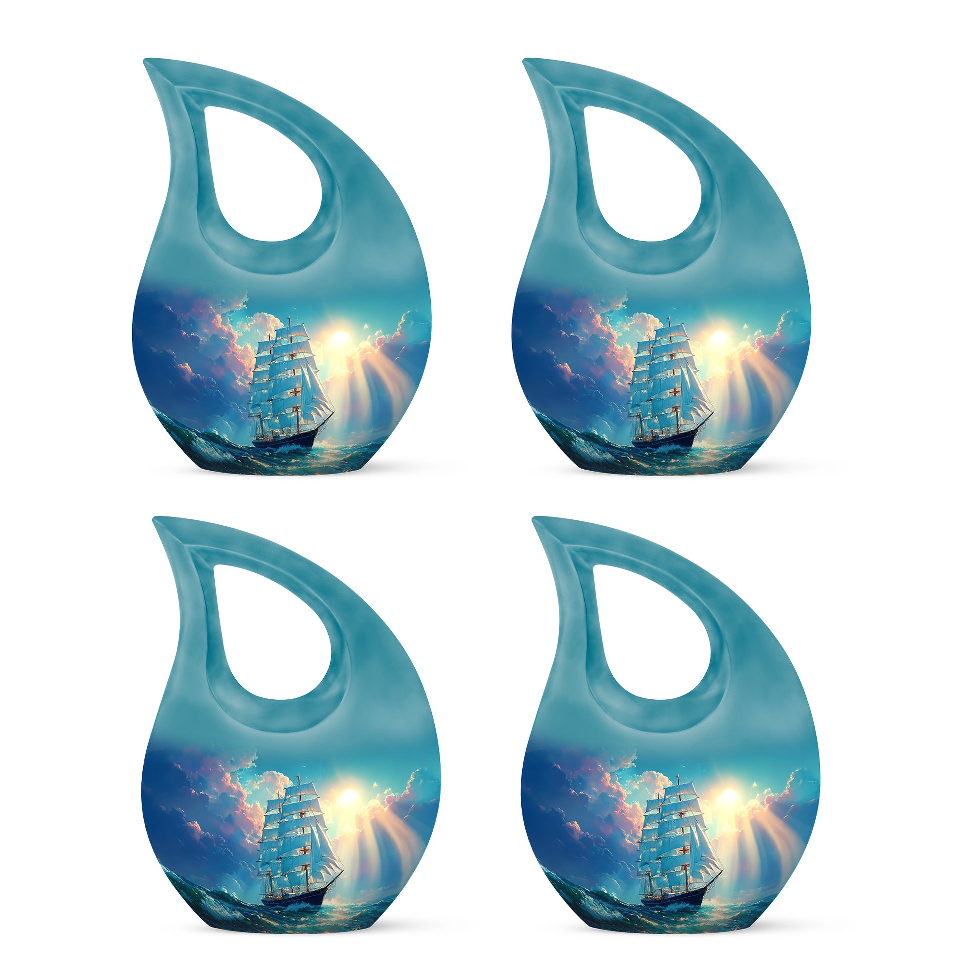 Vivid Teal Boat Cremation Urn lifestyle display on memorial shelf - faith-inspired cross-drop urn with boat pattern - 10 inch aluminum urn for cremated remains