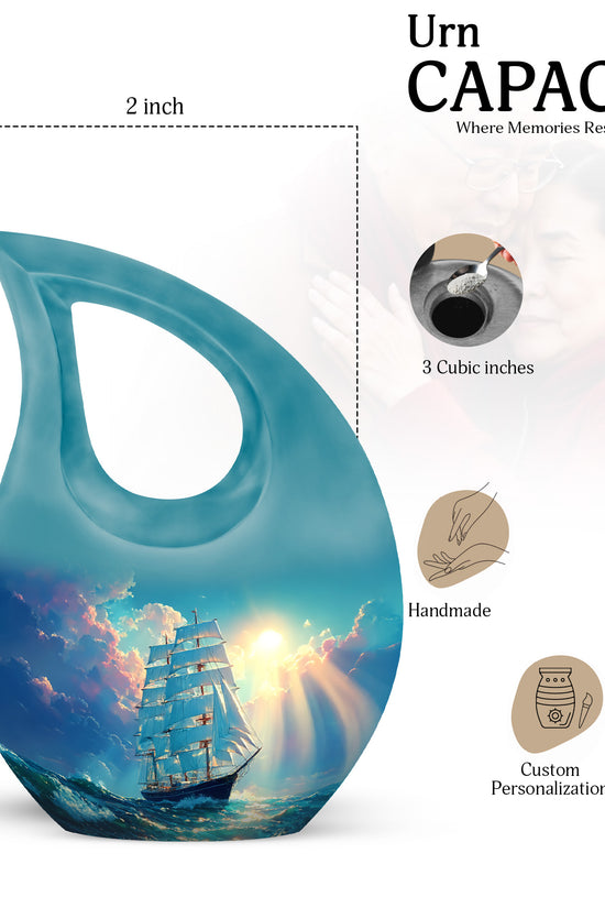 Deep Teal Boat Cremation Urn back view with polished surface - devotional cross-drop boat engraving - mini keepsake memorial for portion of cremation ashes