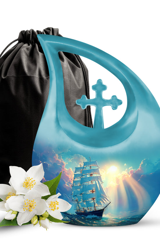 Mystic Teal Boat Cremation Urn top-down view of secure threaded lid - faith-inspired cross-drop urn with boat pattern - full-size 10 inch 200 cubic inch adult cremation urn