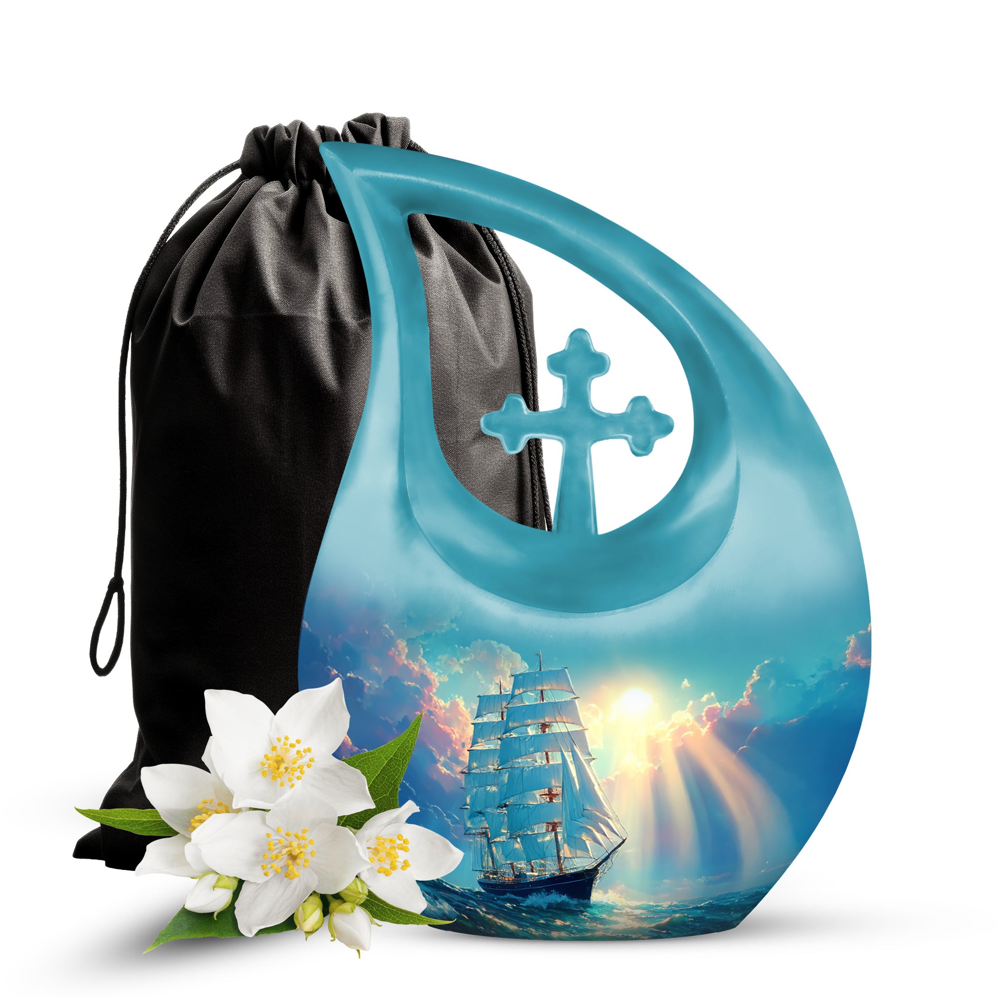 Mystic Teal Boat Cremation Urn top-down view of secure threaded lid - faith-inspired cross-drop urn with boat pattern - full-size 10 inch 200 cubic inch adult cremation urn