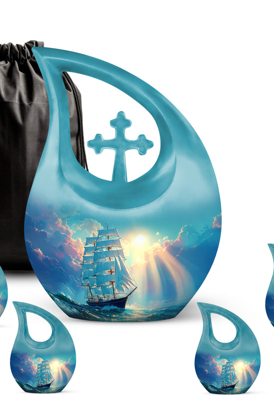 Mystic Teal Boat Cremation Urn urn with complimentary velvet bag - devotional cross-drop boat engraving - memorial set with one large and four small urns