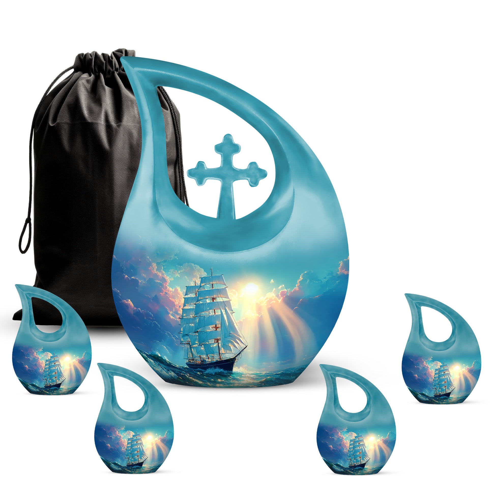 Mystic Teal Boat Cremation Urn urn with complimentary velvet bag - devotional cross-drop boat engraving - memorial set with one large and four small urns