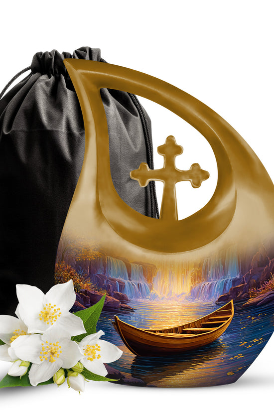 Salmon Pink Boat Cremation Urn top-down view of secure threaded lid - faith-inspired cross-drop urn with boat pattern - full-size 10 inch 200 cubic inch adult cremation urn
