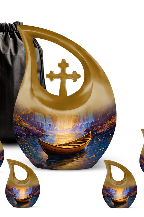Blush Pink Boat Cremation Urn urn with complimentary velvet bag - sacred cross merged with boat motif on metal - memorial set with one large and four small urns