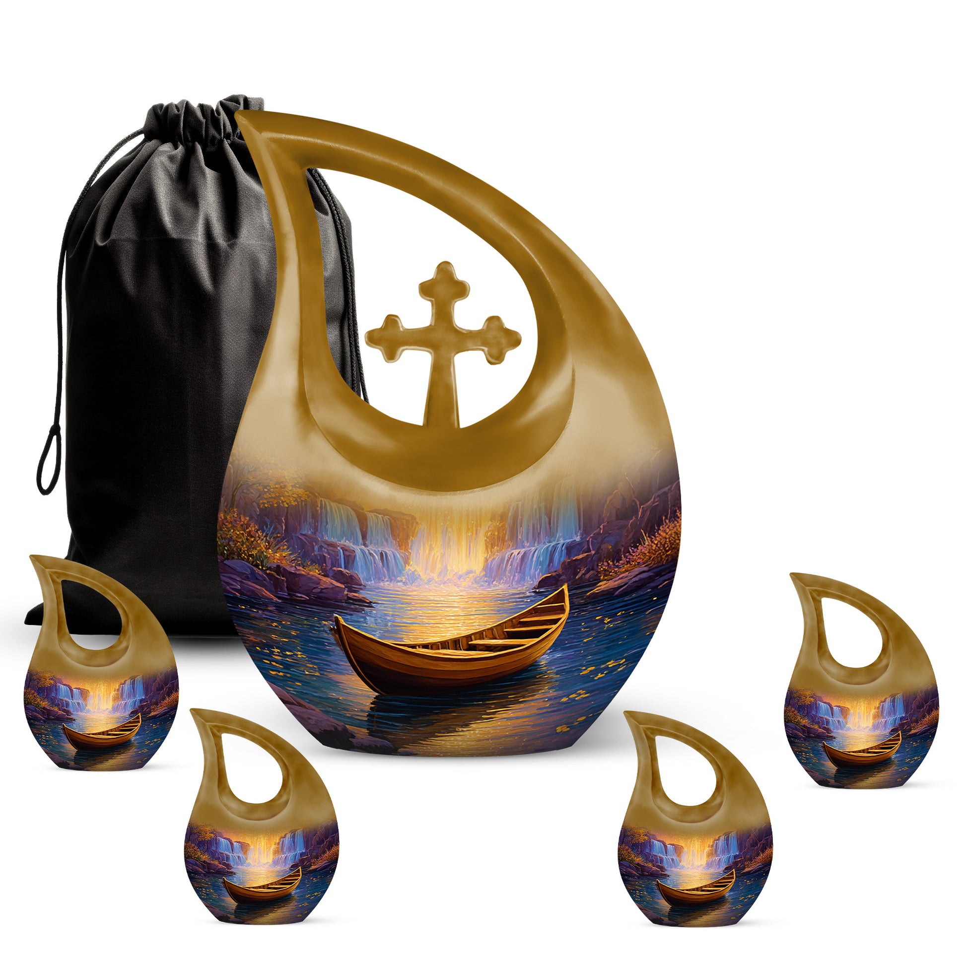 Blush Pink Boat Cremation Urn urn with complimentary velvet bag - sacred cross merged with boat motif on metal - memorial set with one large and four small urns