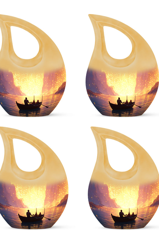 Fiery Red Boat Cremation Urn lifestyle display on memorial shelf - devotional cross-drop boat engraving - 10 inch aluminum urn for cremated remains