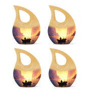 Fiery Red Boat Cremation Urn lifestyle display on memorial shelf - devotional cross-drop boat engraving - 10 inch aluminum urn for cremated remains