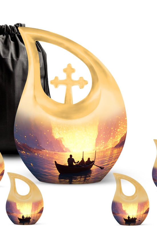 Ruby Red Boat Cremation Urn urn with complimentary velvet bag - devotional cross-drop boat engraving - memorial set with one large and four small urns