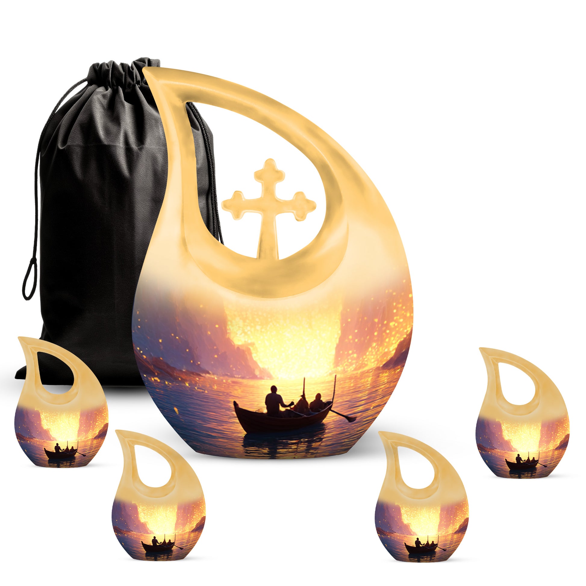 Ruby Red Boat Cremation Urn urn with complimentary velvet bag - devotional cross-drop boat engraving - memorial set with one large and four small urns
