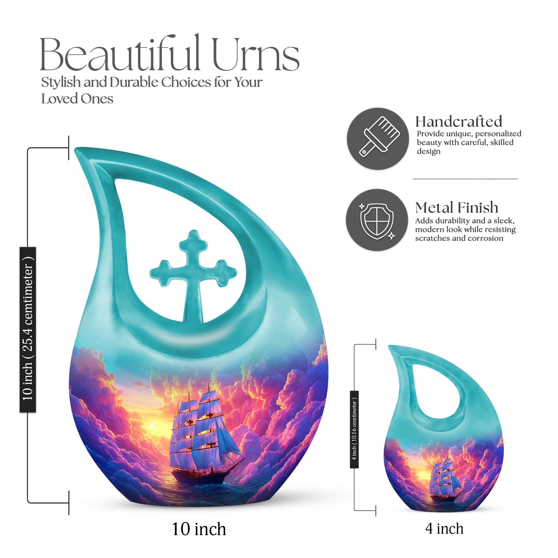 Violet Purple Boat Cremation Urn back view with polished surface - devotional cross-drop boat engraving - mini keepsake memorial for portion of cremation ashes