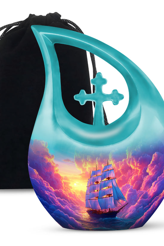 Amethyst Purple Boat Cremation Urn top-down view of secure threaded lid - cross and boat combined in spiritual memorial design - full-size 10 inch 200 cubic inch adult cremation urn