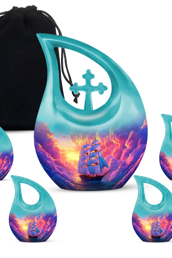 Orchid Purple Boat Cremation Urn urn with complimentary velvet bag - sacred cross merged with boat motif on metal - memorial set with one large and four small urns