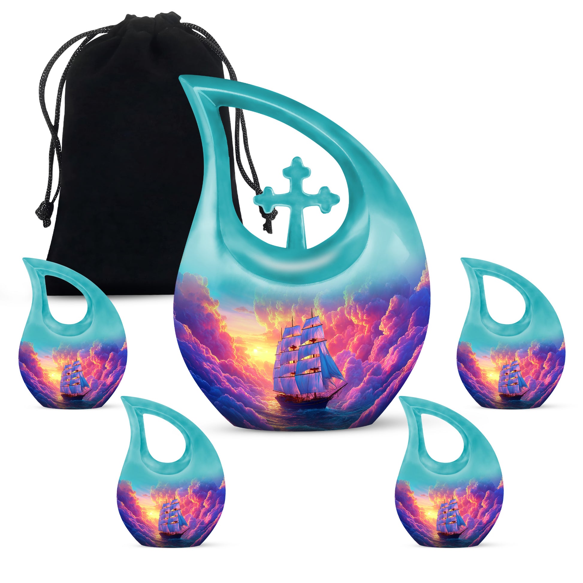 Orchid Purple Boat Cremation Urn urn with complimentary velvet bag - sacred cross merged with boat motif on metal - memorial set with one large and four small urns