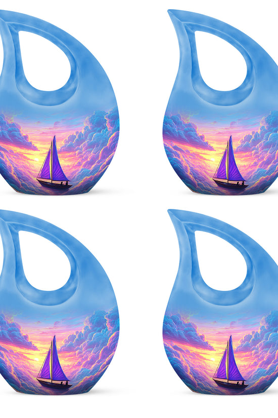 Misty Blue Boat Cremation Urn lifestyle display on memorial shelf - cross and boat combined in spiritual memorial design - 10 inch aluminum urn for cremated remains