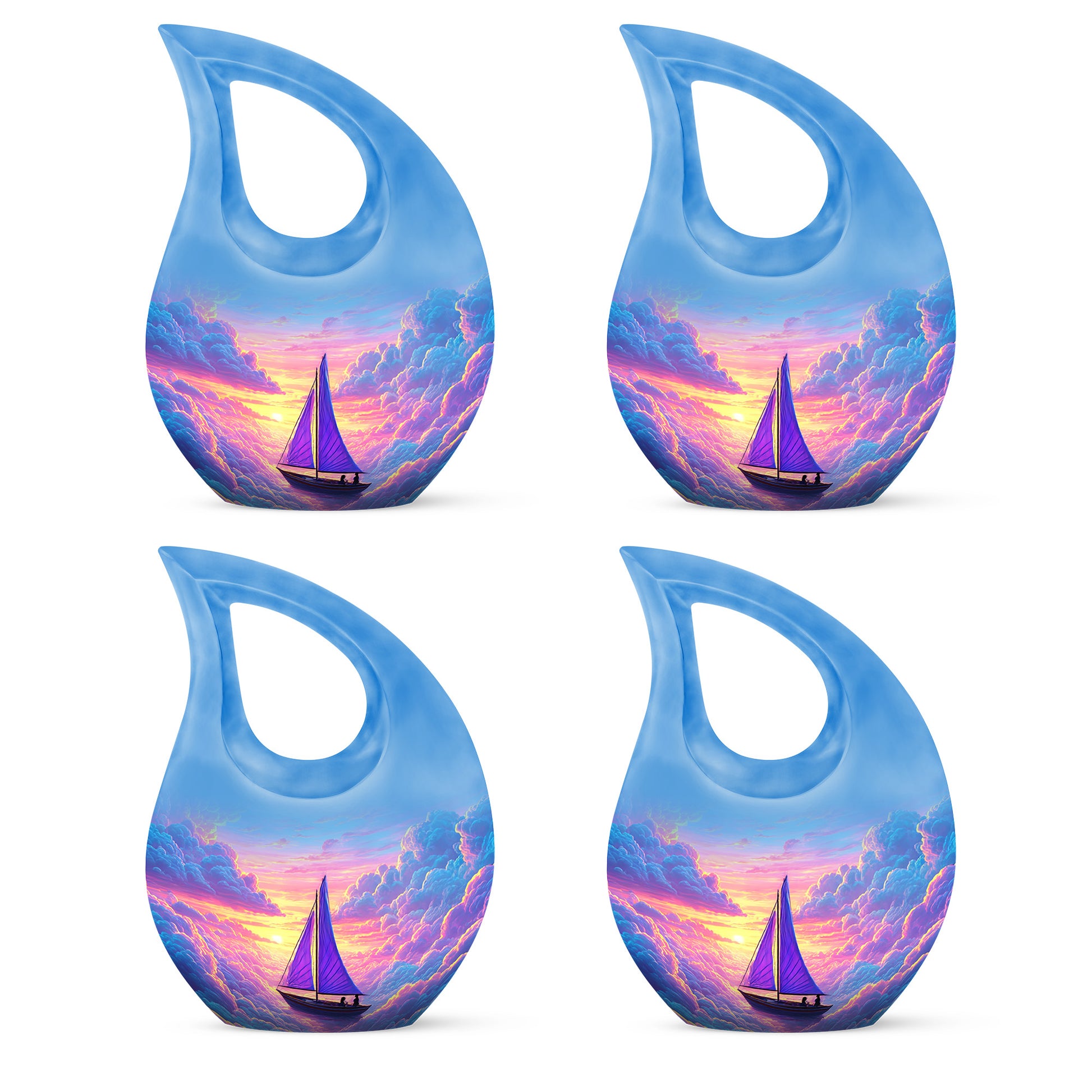 Misty Blue Boat Cremation Urn lifestyle display on memorial shelf - cross and boat combined in spiritual memorial design - 10 inch aluminum urn for cremated remains