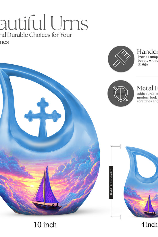 Cornflower Blue Boat Cremation Urn back view with polished surface - faith-inspired cross-drop urn with boat pattern - mini keepsake memorial for portion of cremation ashes