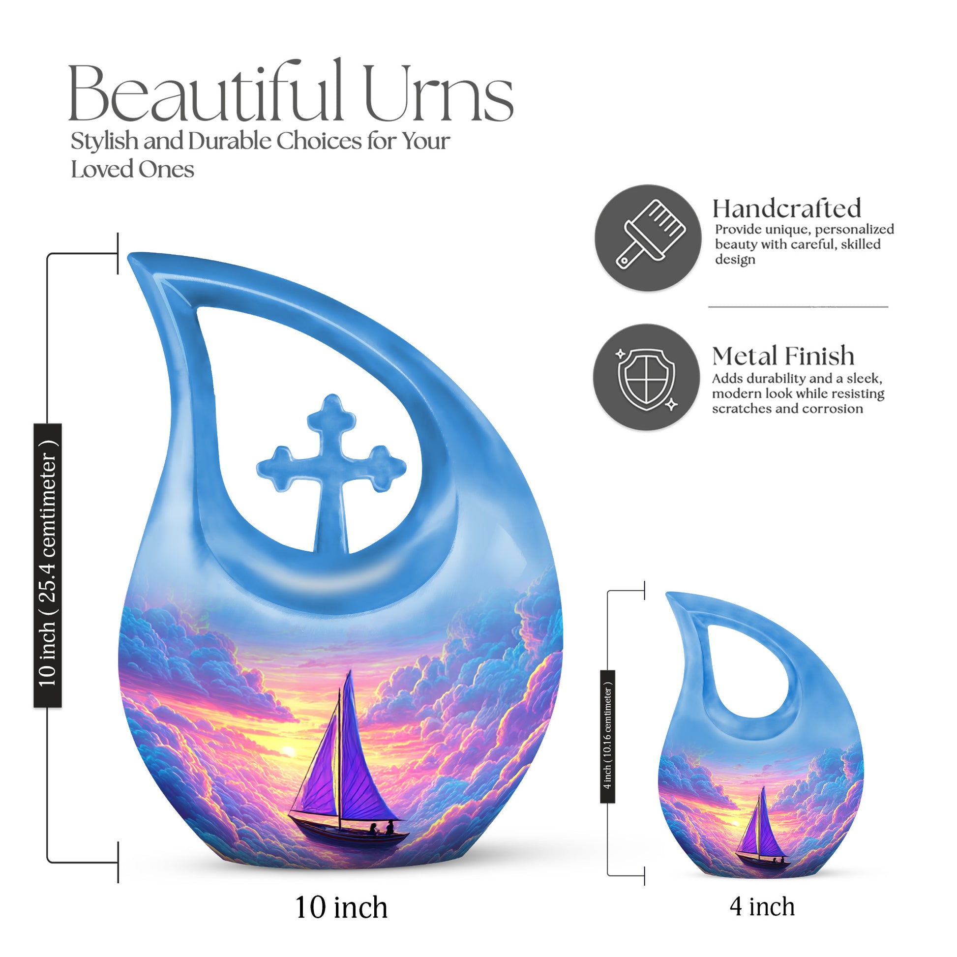 Cornflower Blue Boat Cremation Urn back view with polished surface - faith-inspired cross-drop urn with boat pattern - mini keepsake memorial for portion of cremation ashes