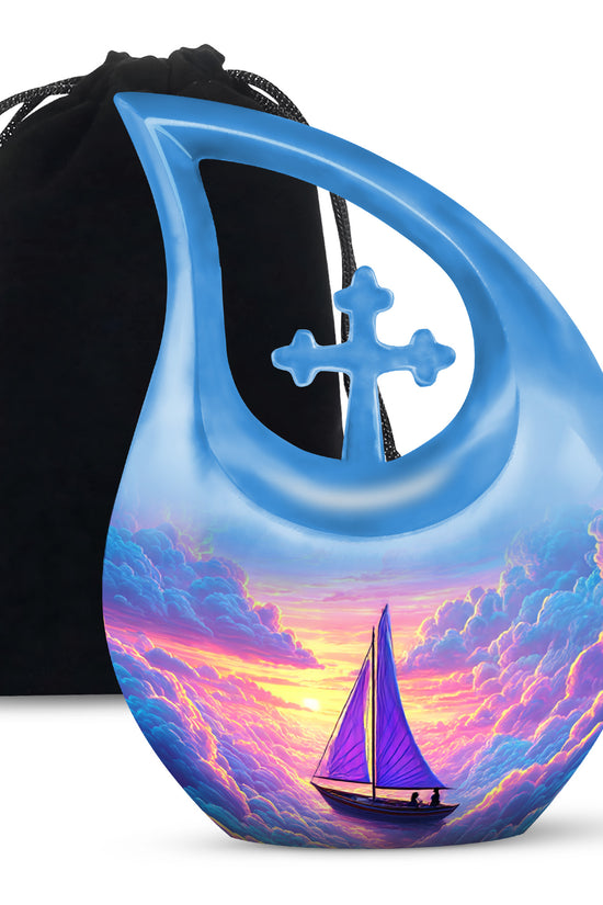 Bright Blue Boat Cremation Urn top-down view of secure threaded lid - faith-inspired cross-drop urn with boat pattern - full-size 10 inch 200 cubic inch adult cremation urn