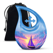 Bright Blue Boat Cremation Urn top-down view of secure threaded lid - faith-inspired cross-drop urn with boat pattern - full-size 10 inch 200 cubic inch adult cremation urn