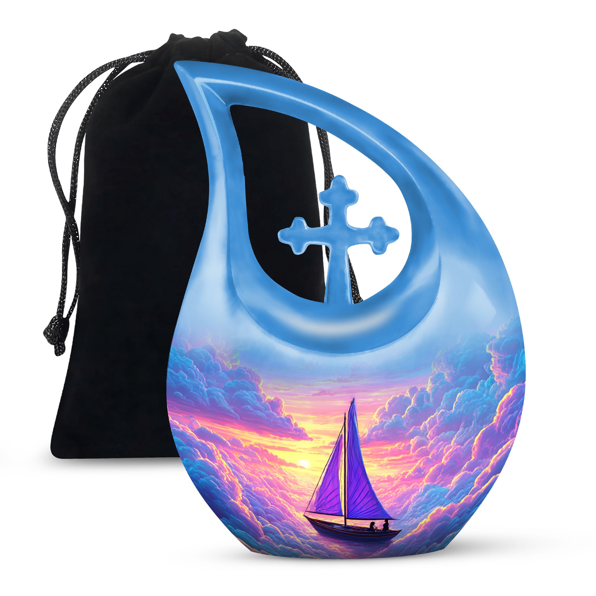 Bright Blue Boat Cremation Urn top-down view of secure threaded lid - faith-inspired cross-drop urn with boat pattern - full-size 10 inch 200 cubic inch adult cremation urn
