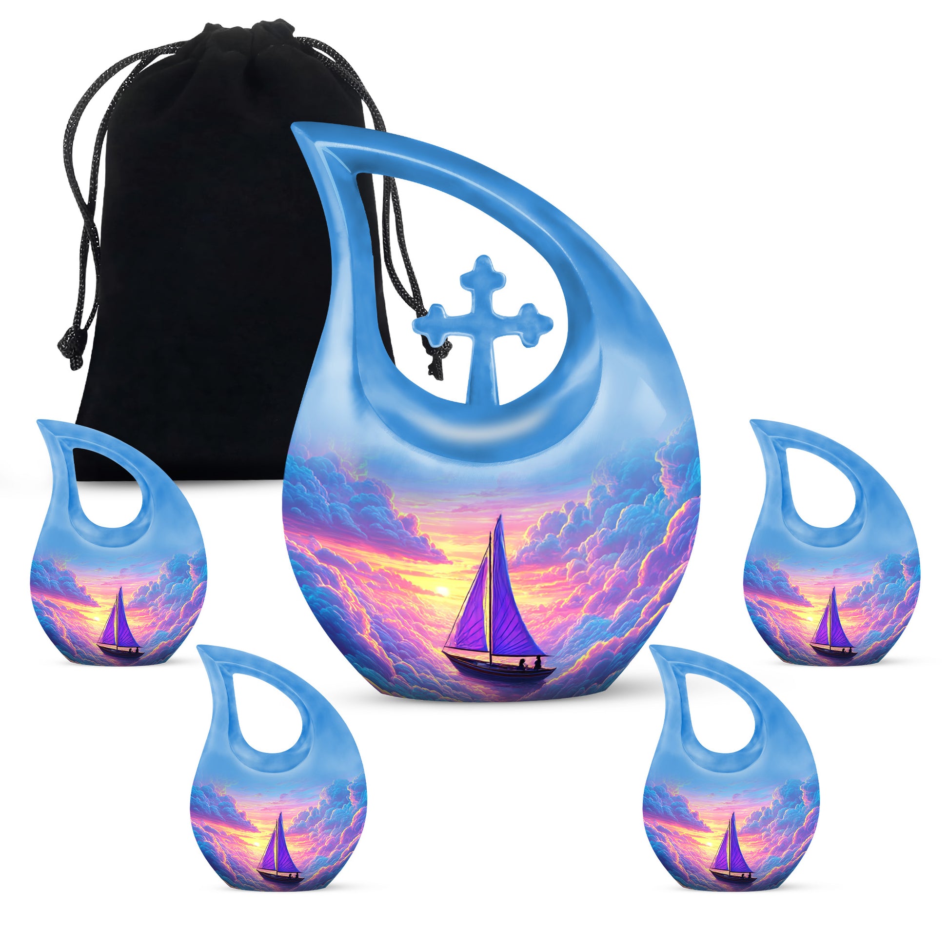 Navy Blue Boat Cremation Urn urn with complimentary velvet bag - sacred cross merged with boat motif on metal - memorial set with one large and four small urns