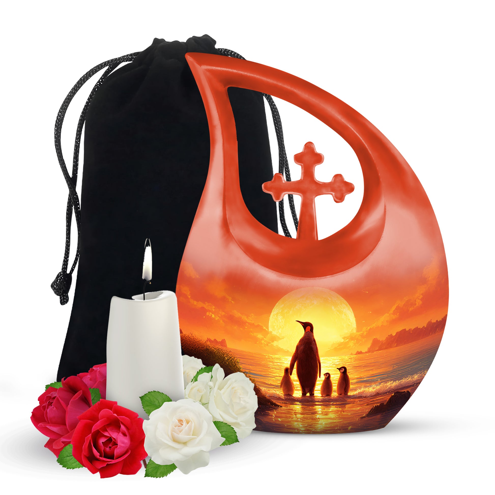 Penguin Family Funeral Urn - Sunset Cremation Urn For Loved Ones