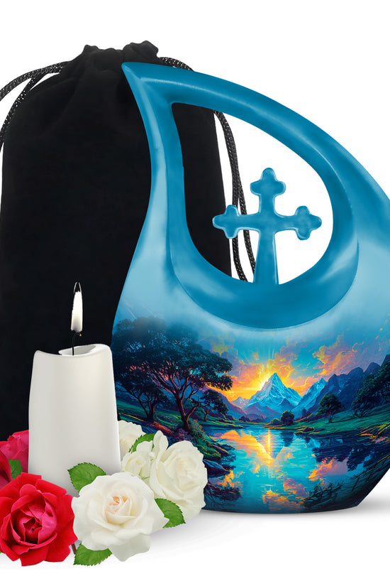 Sunset Mountain Lake Cremation Urn - Peaceful Nature Funeral Urn For Adult Ashes