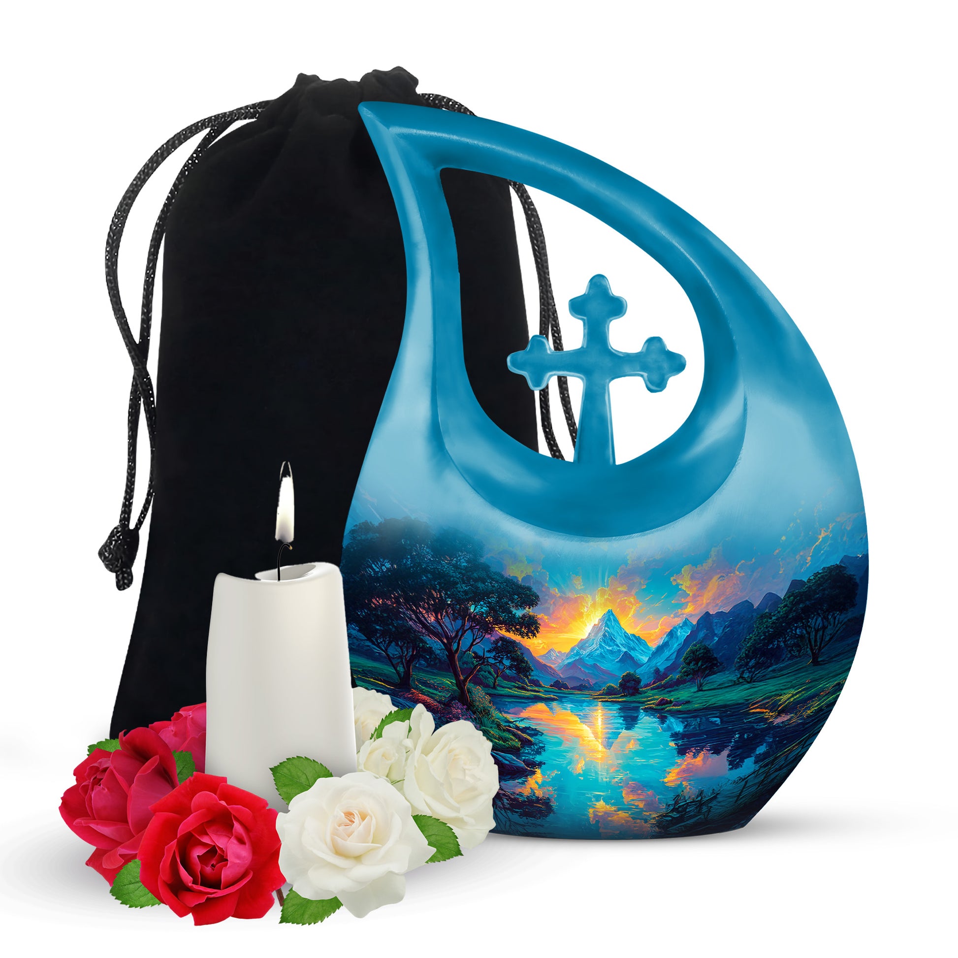 Sunset Mountain Lake Cremation Urn - Peaceful Nature Funeral Urn For Adult Ashes
