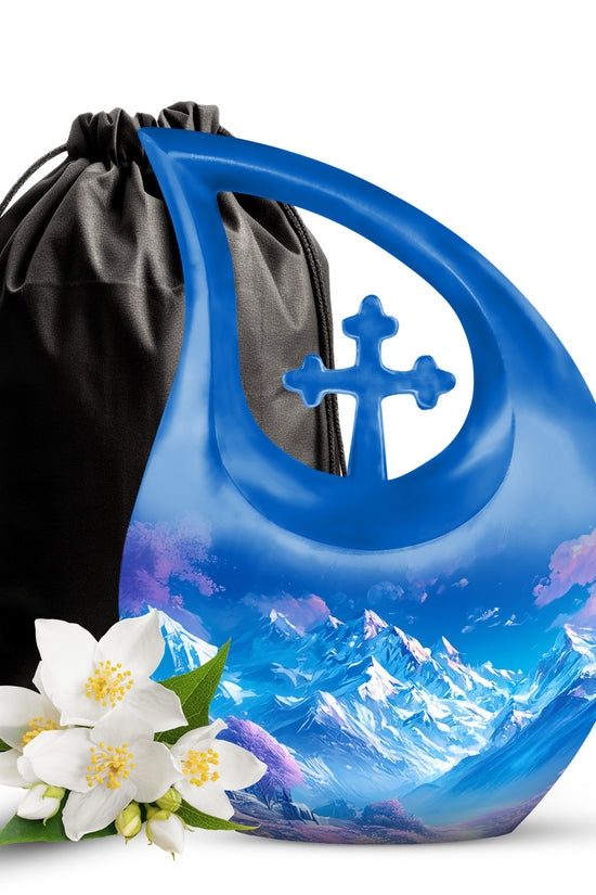 Beautiful Snow Mountain Funeral Urn For Ashes - Blue Large Memorial Urn For Ashes